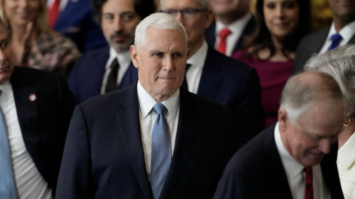 Former Vice President Mike Pence arrives before the 60th Presidential Inauguration in the Rotunda of the U.S. Capitol in Washington, Monday, Jan. 20, 2025. (AP Photo/Julia Demaree Nikhinson, Pool)